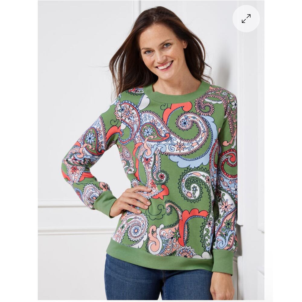 Talbots Womens Sweatshirt Sz Small Green Blue Coral Paisley Blouson Sleeve